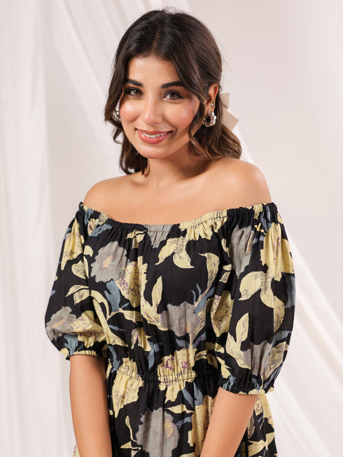 Janasya Women's Black Pure Cotton Floral Printed A-line Dress